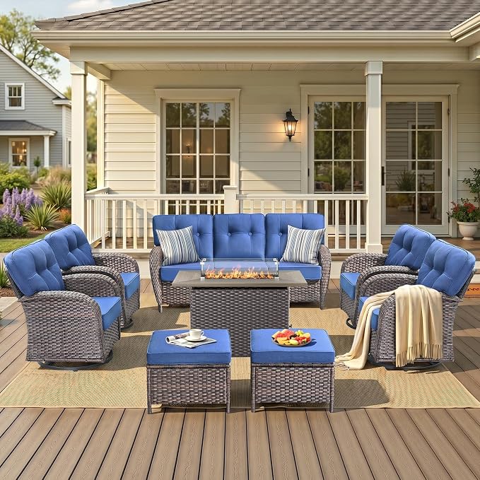 8 Piece Outdoor Patio Furniture Set with Fire Pit Table,Conversation Sectional Wicker Couch with Swivel Chairs,Modern Outside Sofa for Balcony Backyard, Brown/Blue