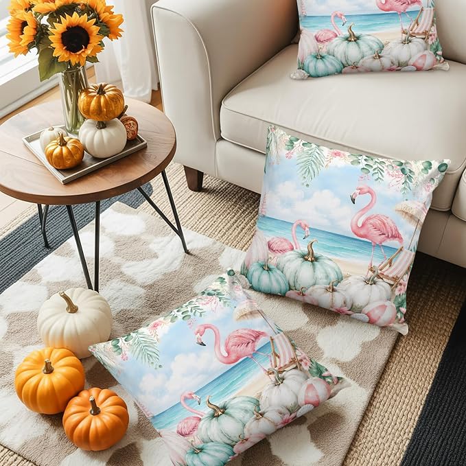 Coastal Fall Throw Pillow Covers 24x24 Inch Set of 2, Thanksgiving Waterproof Outdoor Pillow Covers, Flamingo Pumpkins Eucalyptus Decorative Cushion Pillowcases for Couch, Sofa, Bed, Garden, Patio