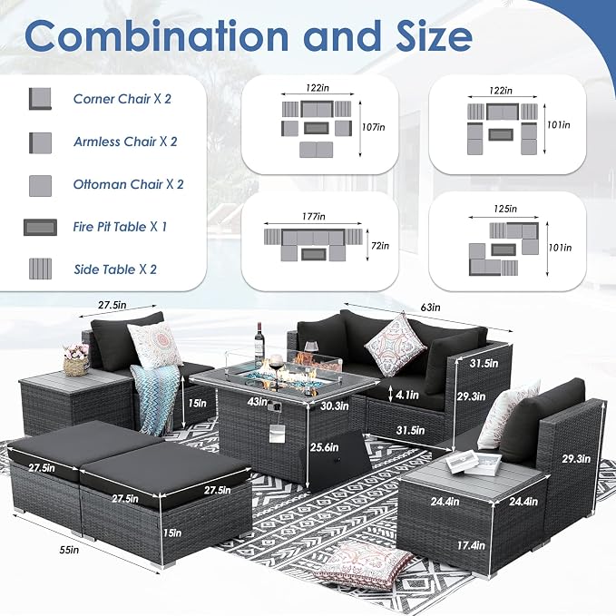 RADIATA 9 Piece Wicker Patio Furniture Set with Fire Pit, All-Weather Outdoor Sectional Couch High Back Large Size, Modular Backyard Seating Sofa Set with Propane/Natural Gas Firepit Table, Grey&Black