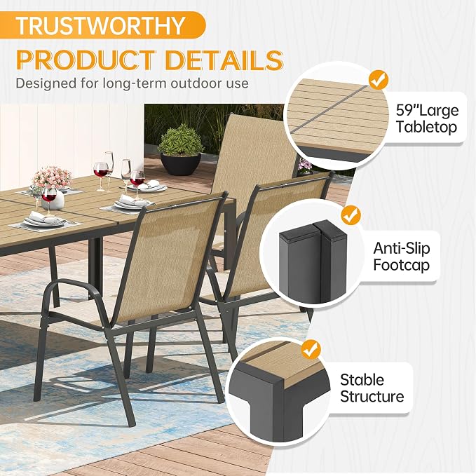 PIZZELLO 7-Piece Outdoor Dining Set Patio Dining Set for 6 Outdoor Table and Chairs All Weather Outdoor Patio Set w/Stackable Patio Chairs and HDPE Table for Backyard, Garden and Poolside, Khaki
