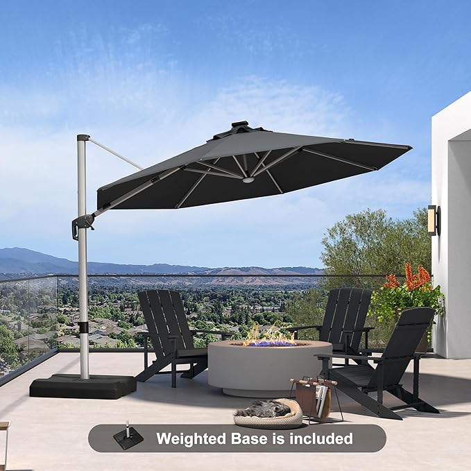 PURPLE LEAF Cantilever Umbrella with base 11ft Outdoor Round Patio Solar Powered LED Umbrella with 360-degree Rotation for Garden Deck Pool Patio, Grey
