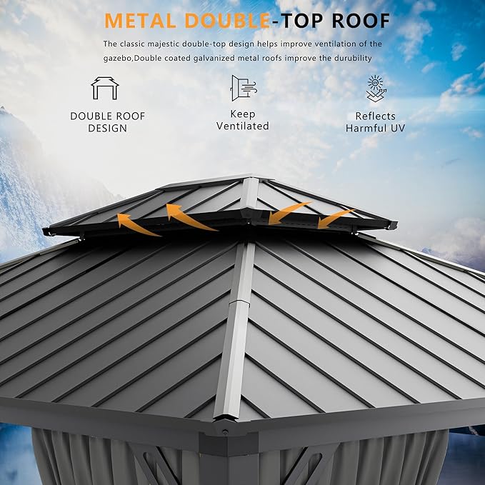 12' x 20' Hardtop Gazebo,Outdoor Permanent Pavilion Double Galvanized Steel Roof Pergola with Nettings and Curtains,Patio Sunshade Gazebos for Patio Lawns Backyard Deck,Grey