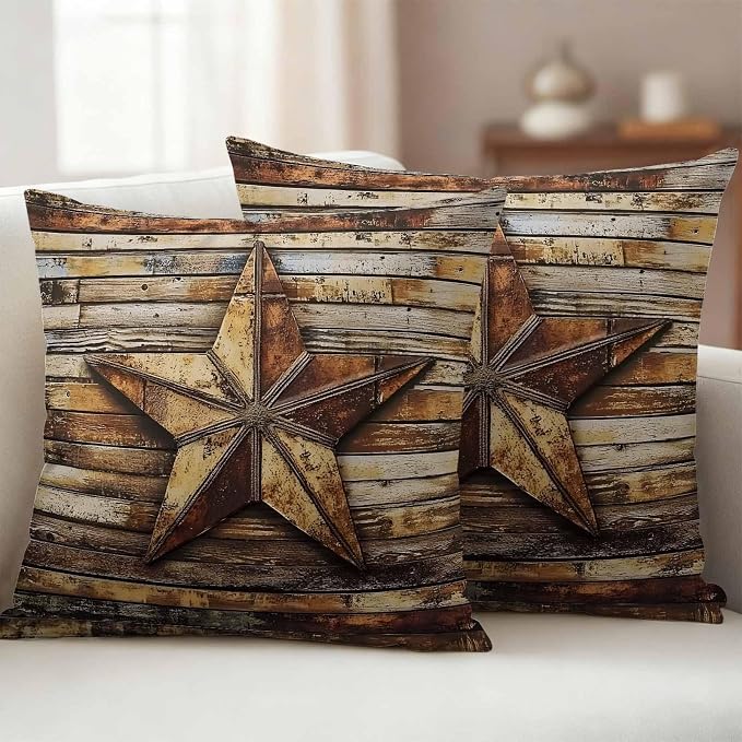 Retro Star Outdoor Waterproof Throw Pillow Covers Set of 2, 18"x18", Abstract Metal Stars Old Weathered Wood Grain Decorative Pillow Covers Outside Cushion Case for Patio Porch Garden