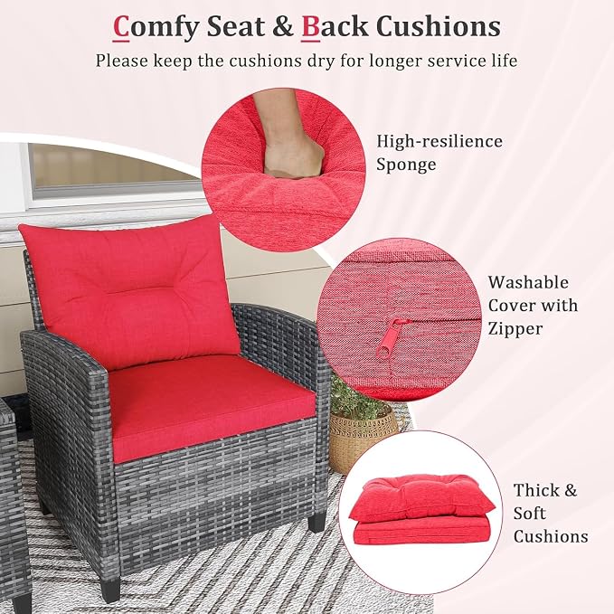 LDAILY Patio Furniture Set, 3 Pieces PE Rattan Wicker Patio Sofa Chairs with Washable Cushion & Glass Table, Outdoor Furniture Conversation Sets for Porch, Balcony, Garden, Poolside (Red)