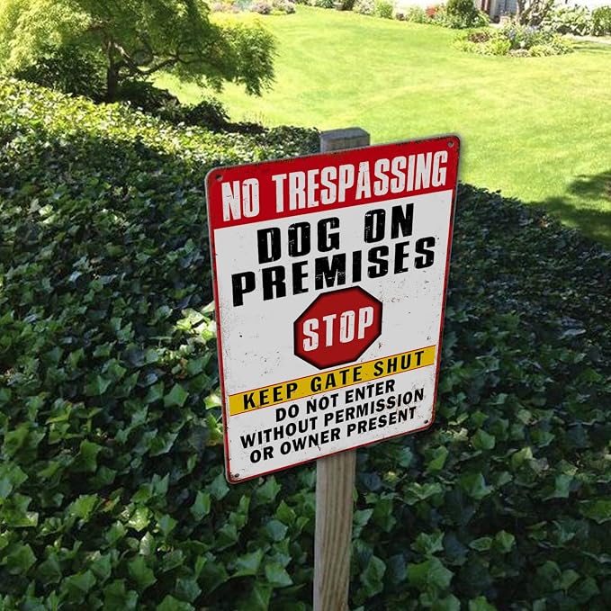 Beware Dog Signs - No Trespassing, Dogs On Premises, Funny Metal Tin Signs - 12 x 8 Inch