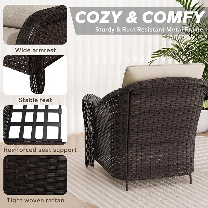 5 PCS Outdoor Conversation Set | 2 Chairs, 1 Side Table, 2 Ottomans, Patio Wicker Furniture with Removable Cushions for Bistro, Deck, Sunroom(Beige)