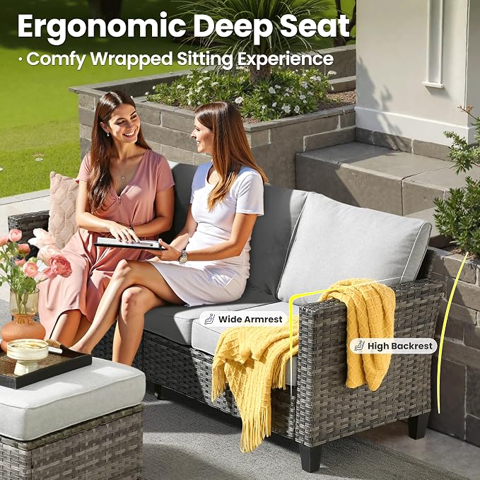 ovios 5 Pieces Patio Furniture Set, Outdoor Wicker Rattan Sofa Couch with Ottomans Comfy Cushions, Modern Conversation Set for Deck Backyard Porch, Grey