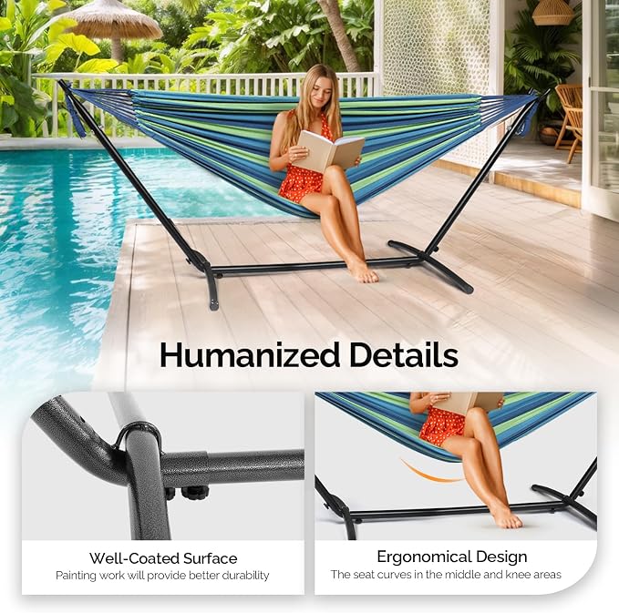 ONCLOUD 550 LBS Capacity Double Hammock with Stand Included with Portable Carrying Bag, Heavy Duty 2-Person Hammock for Outdoors & Indoors - Desert Stripe, Series TDCTZ1 - Blue Green Stripe