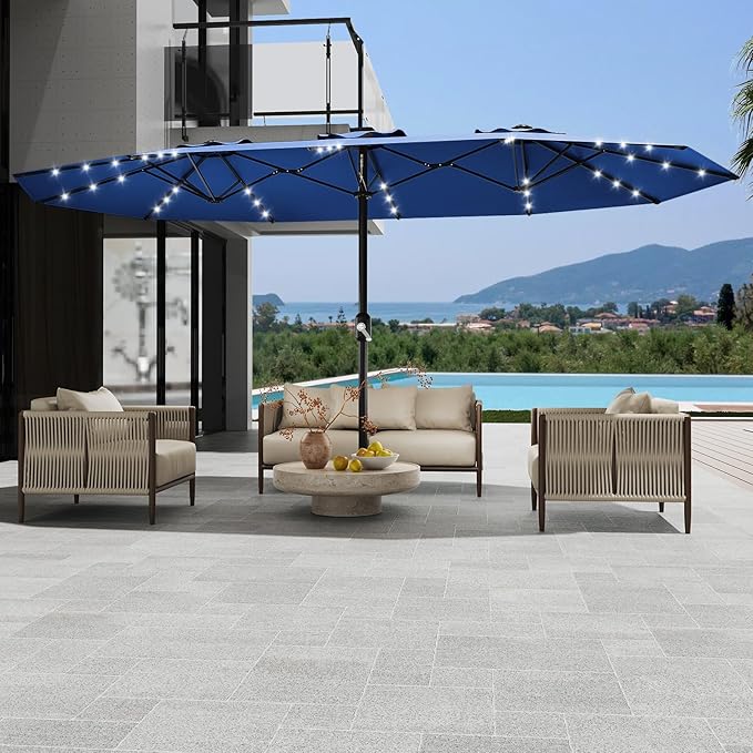 15FT Solar LED Lighted Patio Umbrella with 36 Lights, Outdoor Market Umbrella with Weighted Base Included, Crank Lift & Tilt, Large Shade for Backyard, Garden, Deck, Pool, Beach