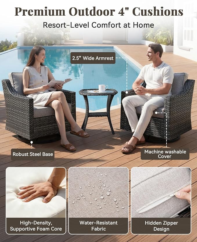 Patio Furniture Set 5 Pieces Luxury Outdoor Swivel Rocker Chairs and Ottomans, Easy Assembly Conversation Set for Porch Deck Balcony Yard in Gray Wicker and Beige Cushions