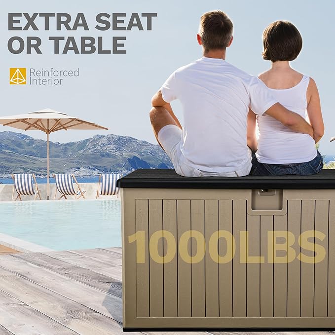 DWVO 260 Gallon Resin Outdoor Storage Box, XXL Double-Wall Waterproof Deck Box with Divider, Doubles as Table or Seating with 1000 lbs Capacity, Lockable (Black&Brown)