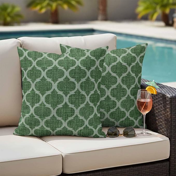 Dark Green Moroccan Outdoor Pillow Covers 18x18 Inch Throw Pillow Covers Set of 2 Waterproof Decorative Pillow Cases Middle Century Quatrefoil Plaid Art Cushion Covers for Patio Furniture Garden Couch