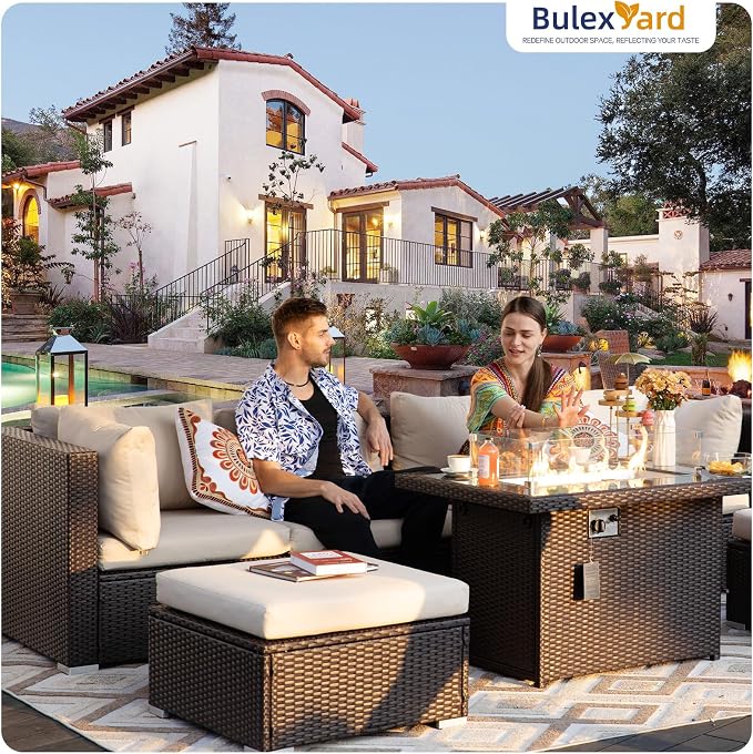 BULEXYARD 9 Pcs High Back Outdoor Sectional Set with Firepit Table, High-End Patio Furniture Seating Set, Big Oversized Wide Deep Modular 8-Seater Couch Sofa for Backyard, Brown Wicker & Beige Cushion