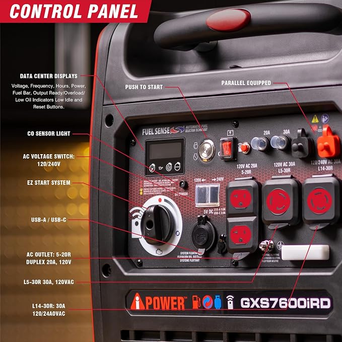 A-iPower 7600-Watt Dual Fuel Inverter Generator Remote Start, Power Supplies with 322cc OHV Engine, CO Sensor, Gas and Propane Powered, for Backup Home Use, Tailgating, RV, Power Outages(GXS7600iRD)