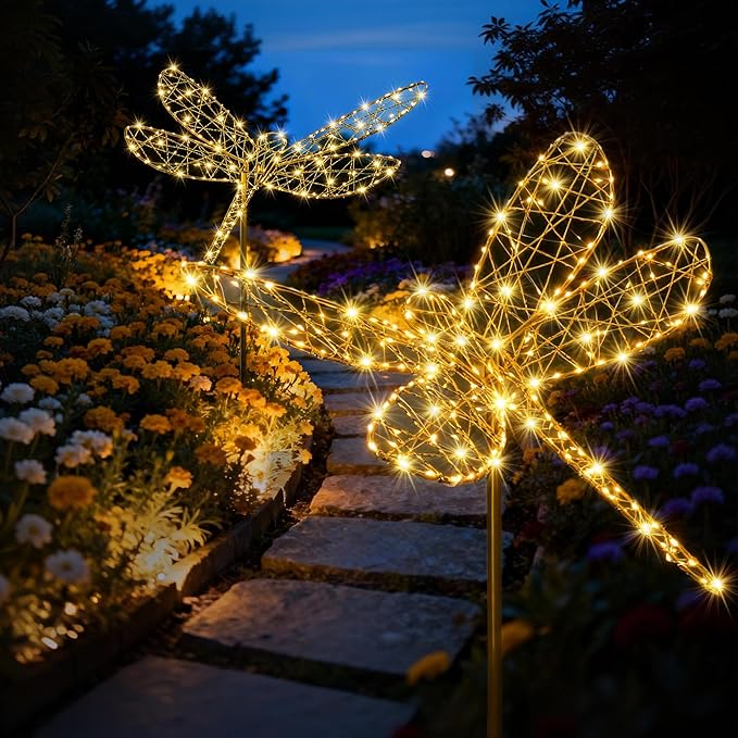 Lomotech Solar Garden Lights - 18" 240 Leds Foldable Outdoor Dragonfly Garden Decor, Waterproof Larger Outdoor Solar Lights with Iron for Garden Patio Yard Lawn Pathway Decorations (Warm White)