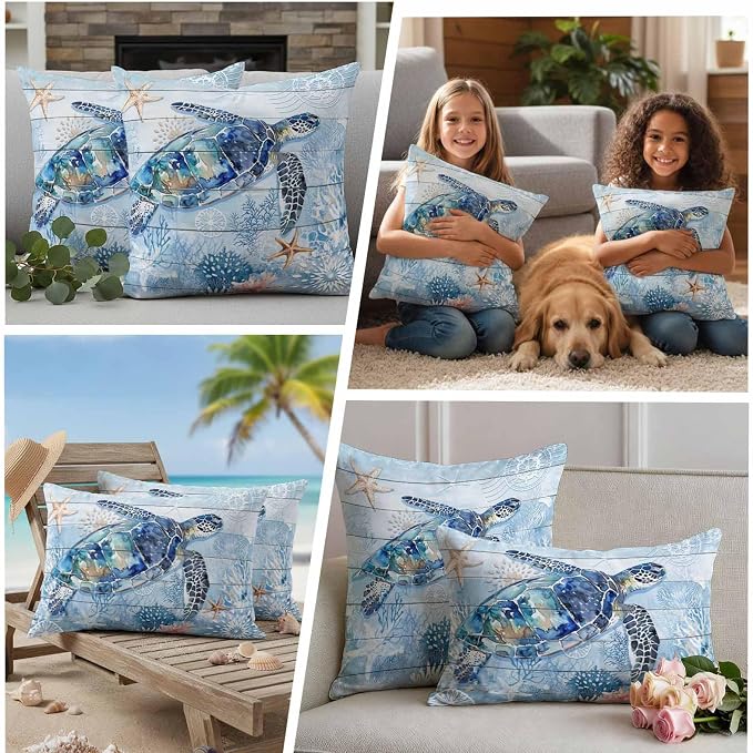 Coastal Turtle Waterproof Outdoor Pillow Covers Set of 2 Home Decor, Blue Nautical Starfish Coral Jellyfish Pillowcase Patio Pillow Covers for Couch Bench Furniture Garden 16x16in