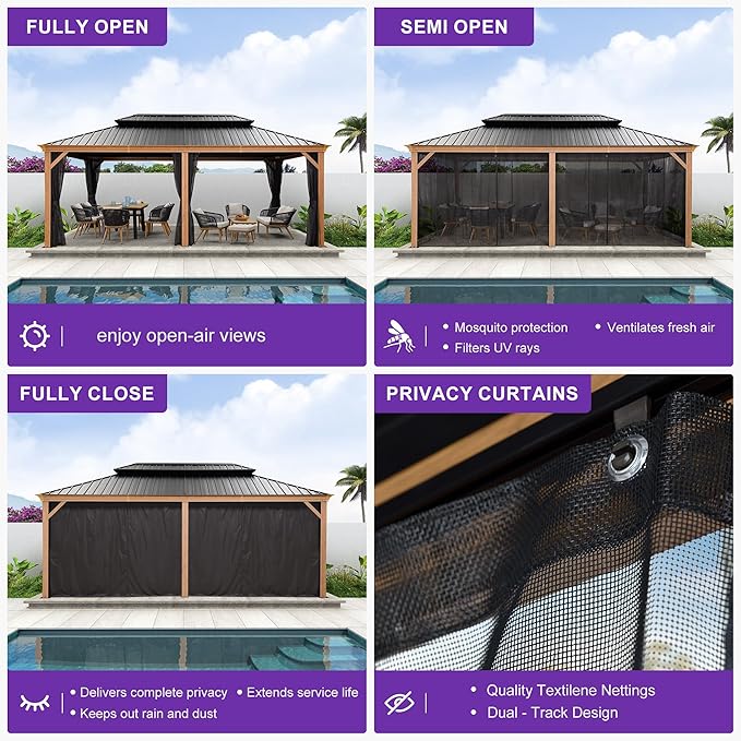 PURPLE LEAF 14' X 20' Outdoor Hardtop Gazebo for Patio Galvanized Steel Double Roof Permanent Canopy Teak Finish Coated Aluminum Frame Pavilion Gazebo with Netting and Black Curtains