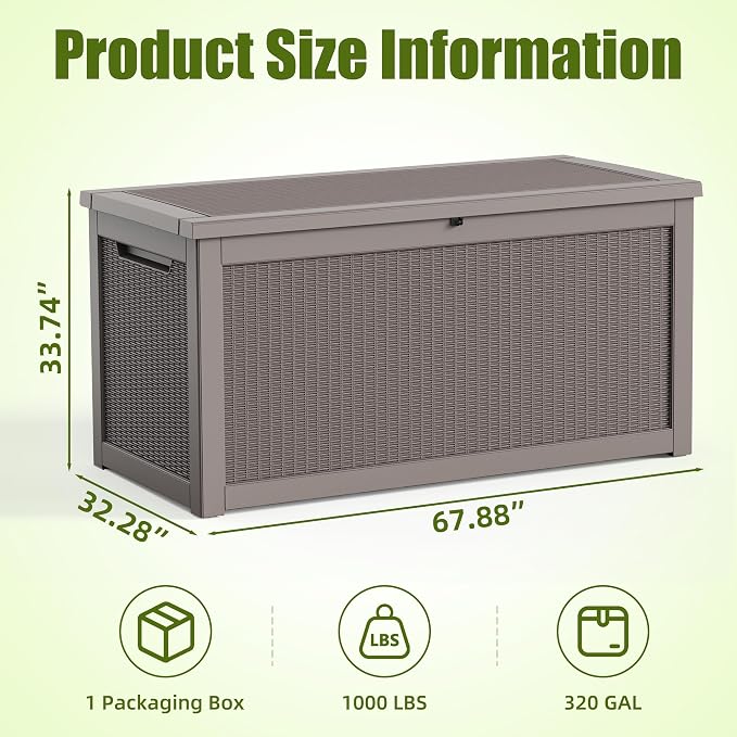 320 Gallon Storage Box, Deck Box, Large Storage Box, Waterproof &Resin with Hydraulic Rods Connected, For Patio, Lawn, Outdoor& Indoor Use Grey