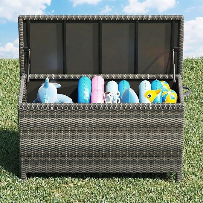 125 Gallon Wicker Deck Box, All-Weather Outdoor Storage Bin with Rattan Finish, Large Capacity for Patio Furniture, Cushions, Pool Supplies & Garden Tools (Gray)