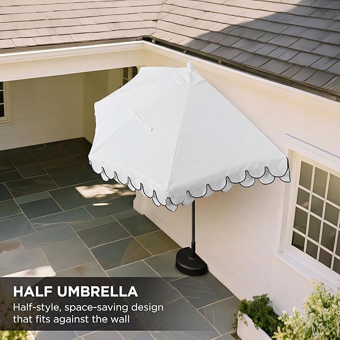 Eyely BMU1202 Noah 9 ft. Classic MidCentury Scalloped Fringe Market Patio Half Umbrella with Crank for Garden, Pool & Deck, Tilt Button and UV Protection