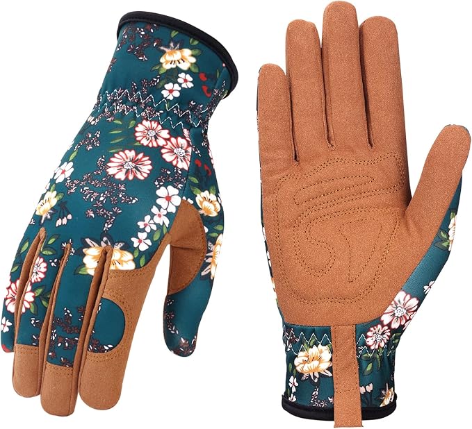 Bamllum Gardening Gloves for Women, Leather Garden Gloves | Breathable Garden Gloves with a Padded Palm, Flexible Fit and Elastic Wrist for Weeding, Digging, Planting and Pruning