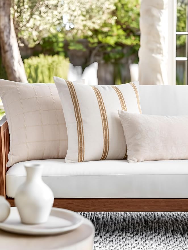 Modern Farmhouse Fall Linen Indoor Outdoor Lumbar Pillow Cover Only, 12"x20" Water Repellent for Patio, Backyard, Couch, Neutral Beige Floral