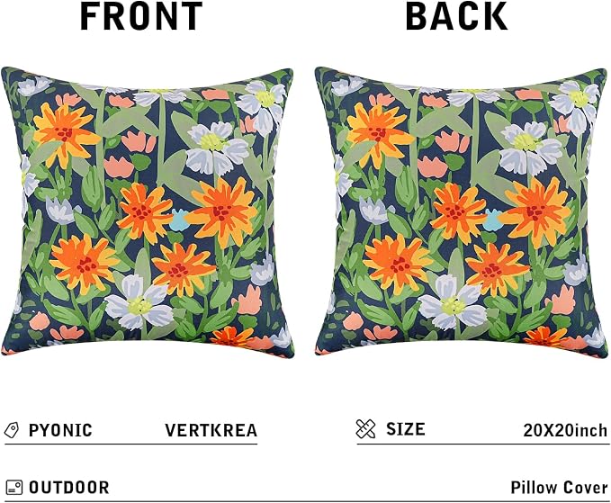 Pyonic Spring Summer Floral Outdoor Pillow Covers 20x20 inch Waterproof Throw Pillow Covers Outdoor Pillows for Patio Furniture Garden Bench Porch,Navy Blue