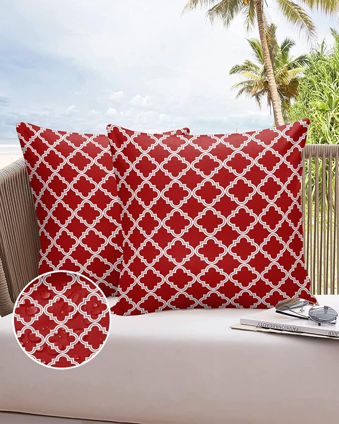 Outdoor Waterproof Pillow Covers for Patio Furniture Moroccan Pattern Decorative Throw Pillow Cover Geometric Trellis Red Pillowcases Set of 2 Cushion Case for Sofa Couch Chair Home Decor 18x18 inch