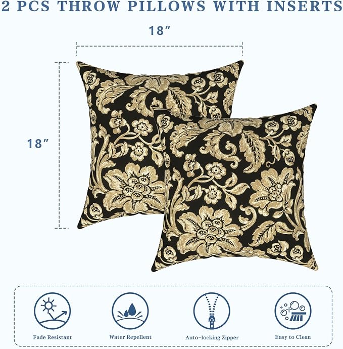 LVTXIII 2 Pack Outdoor Pillows 18x18 Inch, Square Throw Pillows with Inserts, Decorative Water-Repellent Pillow Cushions for Patio Furniture and Garden Sofa, Jacobean Black