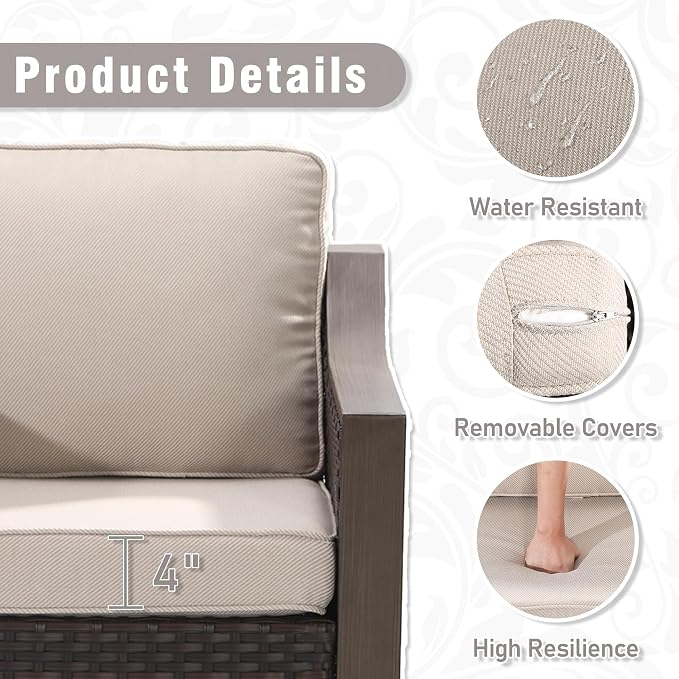 3 Piece Wicker Patio Conversation Set, All-Weather Use Outdoor Wicker Sofa with 2 PE Rattan Chair, Removable Water-Resistant Cushion, Ideal for Porch, Backyard, Balcony, Poolside, Beige