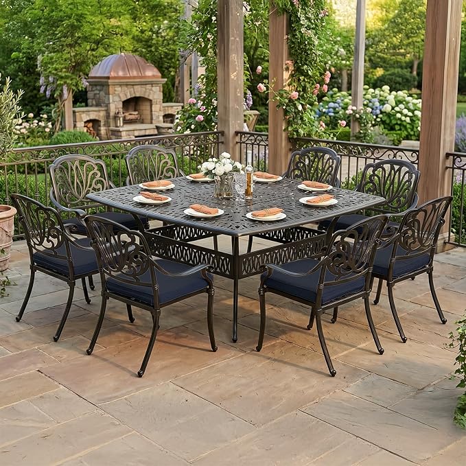 VIVIJASON 9-Piece Outdoor Furniture Dining Set for 8, All-Weather Cast Aluminum Patio Table and Chairs Set with 8 Cushioned Chairs, 64" Large Square Dining Table, 2.2" Umbrella Hole, Navy Blue