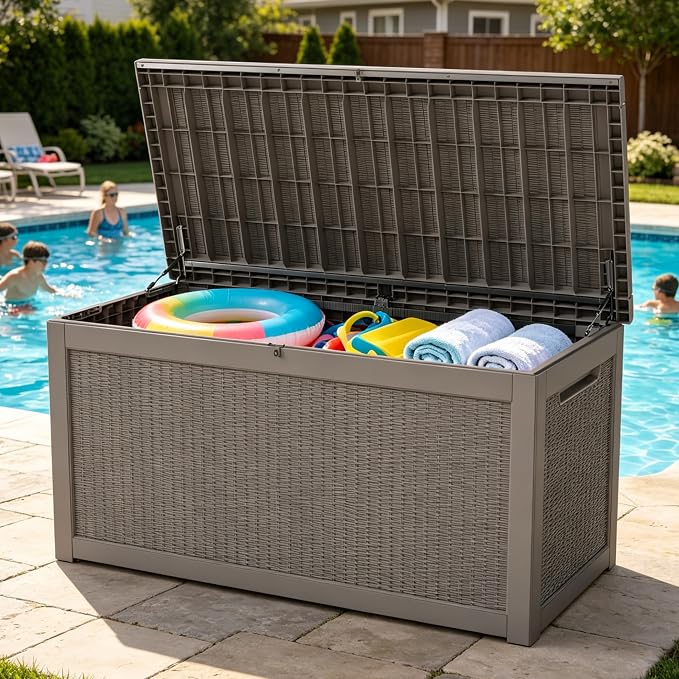 LAUSAINT HOME 280 Gallon Colossal Resin Deck Box with Hydraulic Pistons - Grand Estate Size Waterproof Outdoor Storage Bench, Lockable Patio Furniture Locker for Pool and Backyard (Light Brown)