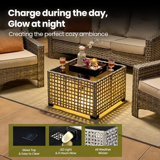 6 Piece Patio Furniture Set with Solar Lights Coffee Table, Outdoor Wicker High Back Sofa Chairs Ottomans with Cushions, All Weather Conversation Set for Backyard Porch Deck, Beige