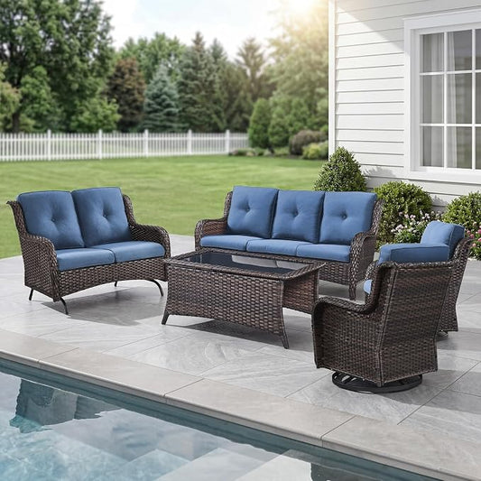 Belord 5 Piece Outdoor Wicker Furniture, Patio Swivel Rocking Chairs with Loveseat and 3 Seat Sofa,All Weather Patio Conversation Furniture Set, for Backyard Poolside Brown Wicker/Blue