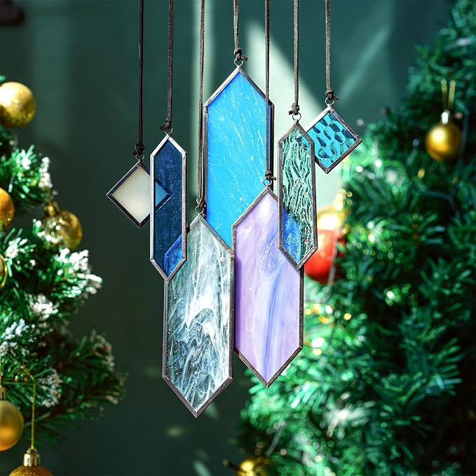 7pcs Stained Glass Window Hanging Suncatchers Modern Blue Wall Art Ornament | Blue Dreams,Sun Catchers Indoor Window,Home Garden Decor,Element Earth Tones Panel Set,Gift For Women,With String & Hook