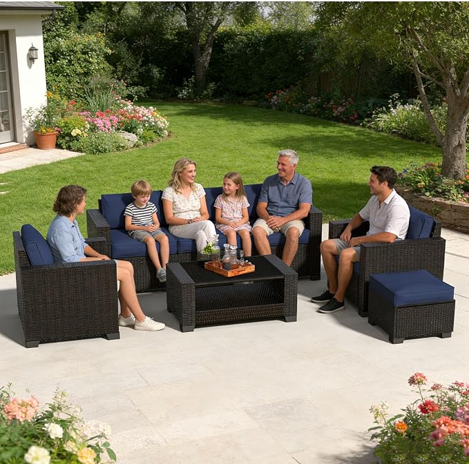 7 Piece Patio Furniture Set, Slanted Back Outdoor Sectional Sofa, Patio Conversation Sets with Cushion and Glass Table, Patio Sofa Furniture for Garden, Deck, Dark Brown Rattan & Dark Blue Cushions