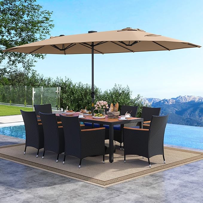 Tangkula 11 Pieces Patio Dining Set with Double-Sided Led Patio Umbrella (Base Included), with 8 Stackable Chairs, Acacia Wood Dining Table and Large Umbrella with Solar Lights (Coffee + Navy)