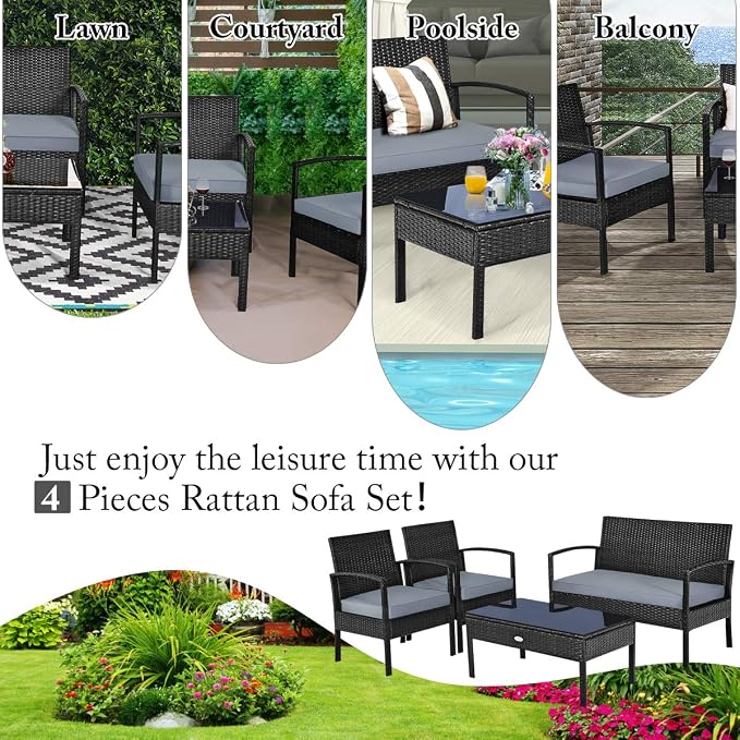 Tangkula 8-PCS Wicker Patio Conversation Furniture Set, Outdoor Rattan Chair and Table Set, Patio Furniture Sets with Coffee Table & Washable Cushions for Courtyard Balcony Garden (2, Black)