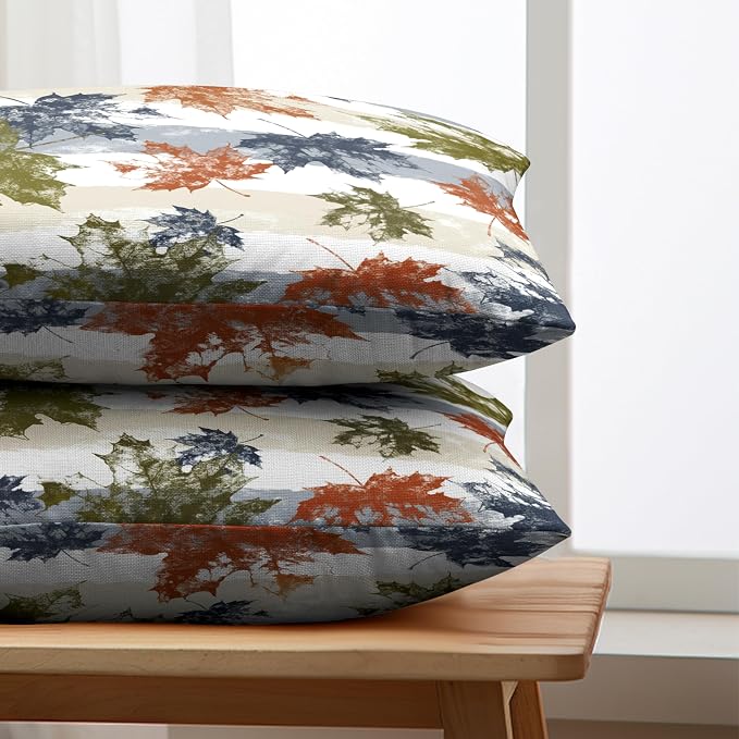 Thanksgiving Colorful Maple Leaves Lumbar Pillow Covers 12x20 Set of 2 Fall Rectangular Pillow Covers Blue Beige White Stripes Pillowcase Autumn Throw Pillow Covers for Patio Indoor Couch