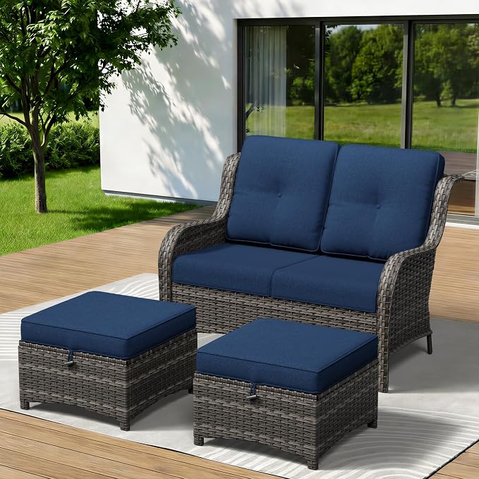 3-Piece Outdoor Couch Set, 1 Wicker Patio Loveseat with Thickened Olefin Cushions, High Back and Deep Seating, Hand-Woven PE Rattan and 2 Ottomans, Patio Conversation Set for Porch, Deck