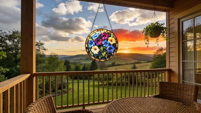 Stained Glass Window Hanging - The Blooming Morning Glory 6.3 Inches Suncatcher for Garden Home Decor for Women Mon Grandma Friends