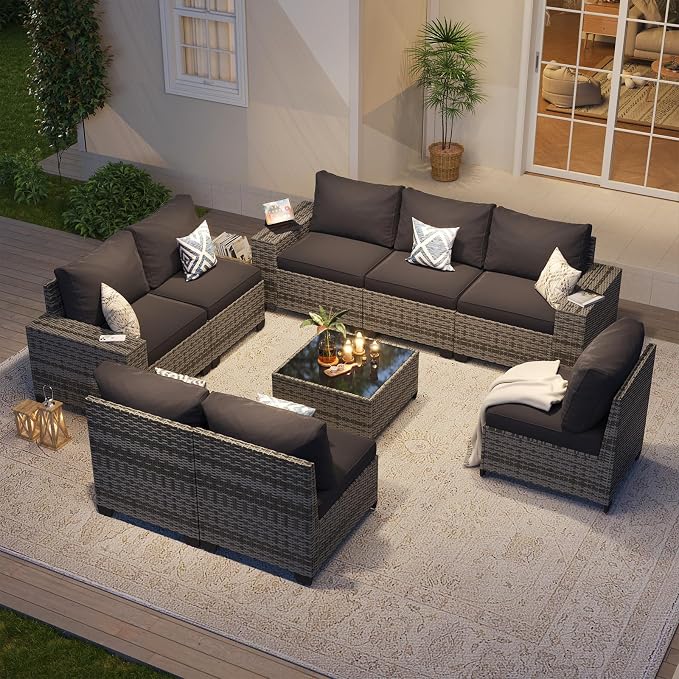 Aoxun Patio Furniture Set, 9 Pcs Outdoor Patio Furniture Sets with 4 in Thicken Cushion, Widen Armrests Wicker Outdoor Sectional for Backyard & Garden, Black