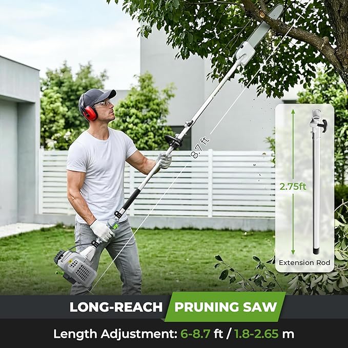6-in-1 Multi-Functional Gas Powered Weed Wacker, 52CC 2-Stroke Gas Weed Eater String Trimmer, Hedge Trimmer, Pole Saw, Brush Cutter Blade, Safety Lock & Shoulder Strap for Garden, Yard