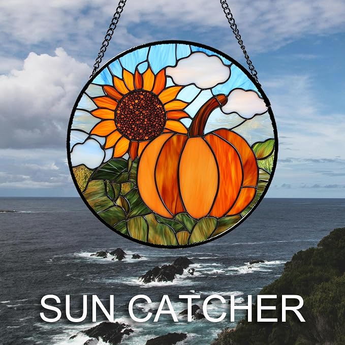 DASTOLL Stained Glass Window Hanging Fall Farm Scenery Sunflower Pumpkin Large 15" - Suncatcher Door Garden Kitchen Sunroom Sun Catcher Home Decor Birthday for Mom Grandma Men Woman