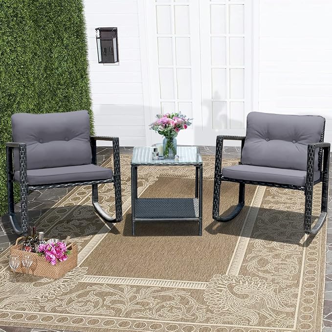 Tangkula 3 Pieces Patio Wicker Rocking Bistro Set, Outdoor Rocking Chair Furniture Set w/Cushioned Seat, Conversation Set w/Glass Coffee Table and Storage Shelf (Gray)