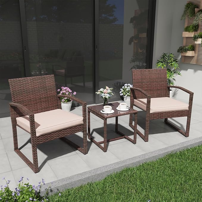 Patiorama 3 Pieces Outdoor Patio Furniture Set, Outdoor Wicker Conversation Set, Patio Rattan Chair Set, Modern Bistro Set with Coffee Table, Garden Balcony Backyard Poolside (Brown)