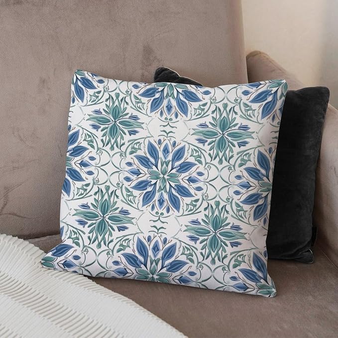 Mughal Flower Pillow Cover Blue Lotus Floral Cushion Cover 20x20 INModern Accent Decorative Cushion Cases Home Decor for Patio Furniture Tent Garden