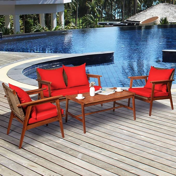 Tangkula 4 PCS Patio Wood Sofa Set, Outdoor Acacia Wood Seating Chat Set with Cushions & Coffee Table, Sectional Conversation Sofa Set for Garden, Backyard, Poolside (1, Red)