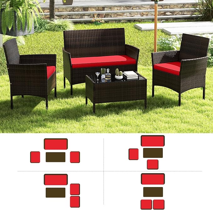 RELAX4LIFE 8-Piece Patio Furniture Set - Rattan Outdoor Conversation Bistro Set w/Cushions, Glass Coffee Table, Wicker Chairs & Loveseat for Garden Backyard Porch, Balcony Furniture Set (2, Red)