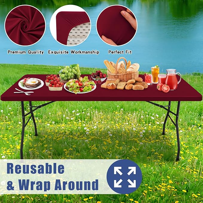 Moosfor Spandex 4 Foot Rectangle Table Cloth 2 Pack, Elastic Fitted Tablecloths for Picnic, Stretch Washable Patio Table Cover for Outdoor, Camping, Banquet and Parties (Wine Red, 30"x48")
